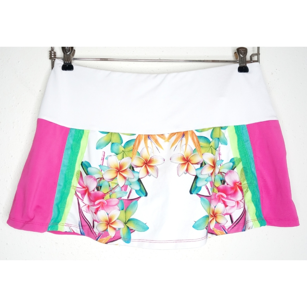 Lucky in Love White Floral Tennis Skirt with Pink and Green Panels